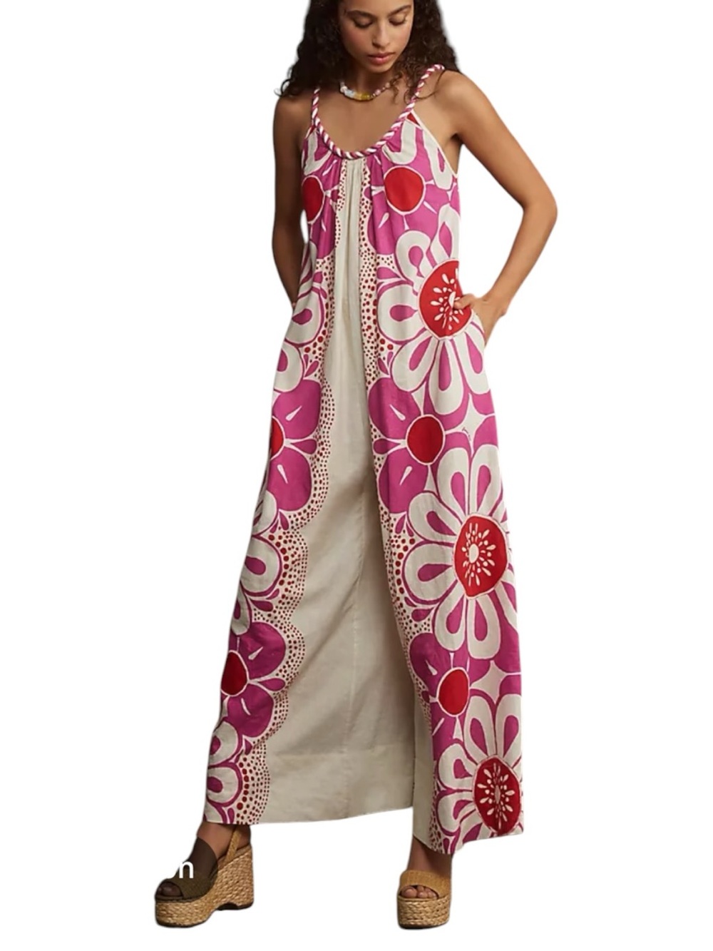 Farm Rio medium Maia jumpsuit Pink White Floral Print Women’s linen